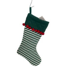 NWT Holiday Home Green Striped Christmas Stocking w/ Ball Fringe 19”